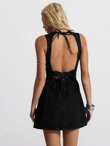 Jeanoix Women's Sexy Casual Backless Tie-Knot Sleeveless Denim Dress, Summer - Black - View 2