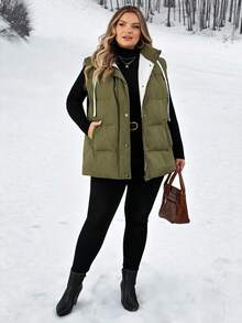 SHEIN CURVE+ 大码女式加厚连帽背心夹克，带口袋，吸汗，冬季大码背心大码冬季背心大码羽绒背心 8xl 背心大码夹克秋季/秋冬