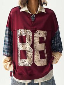 Bohemela Áo sweatshirt dáng rộng, phối màu tương phản, vai rớt, kiểu dáng thường ngày, có họa tiết chữ, thích hợp cho nữ, mùa thu đông, màu đỏ. - Màu Đỏ Sâu - Xem 4