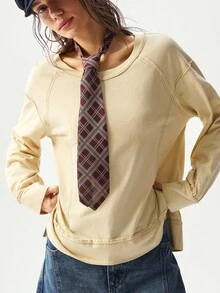 Bohemela 女式休闲纯色针织圆领长袖宽松运动衫，秋季 - 黃色 - 查看 8