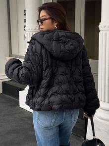 Calvaya Plus Size Women Floral Embossed Long Sleeve Zip-Up Hooded Warm Winter Jacket Fall Cloth For Women Autumn - Black - View 2