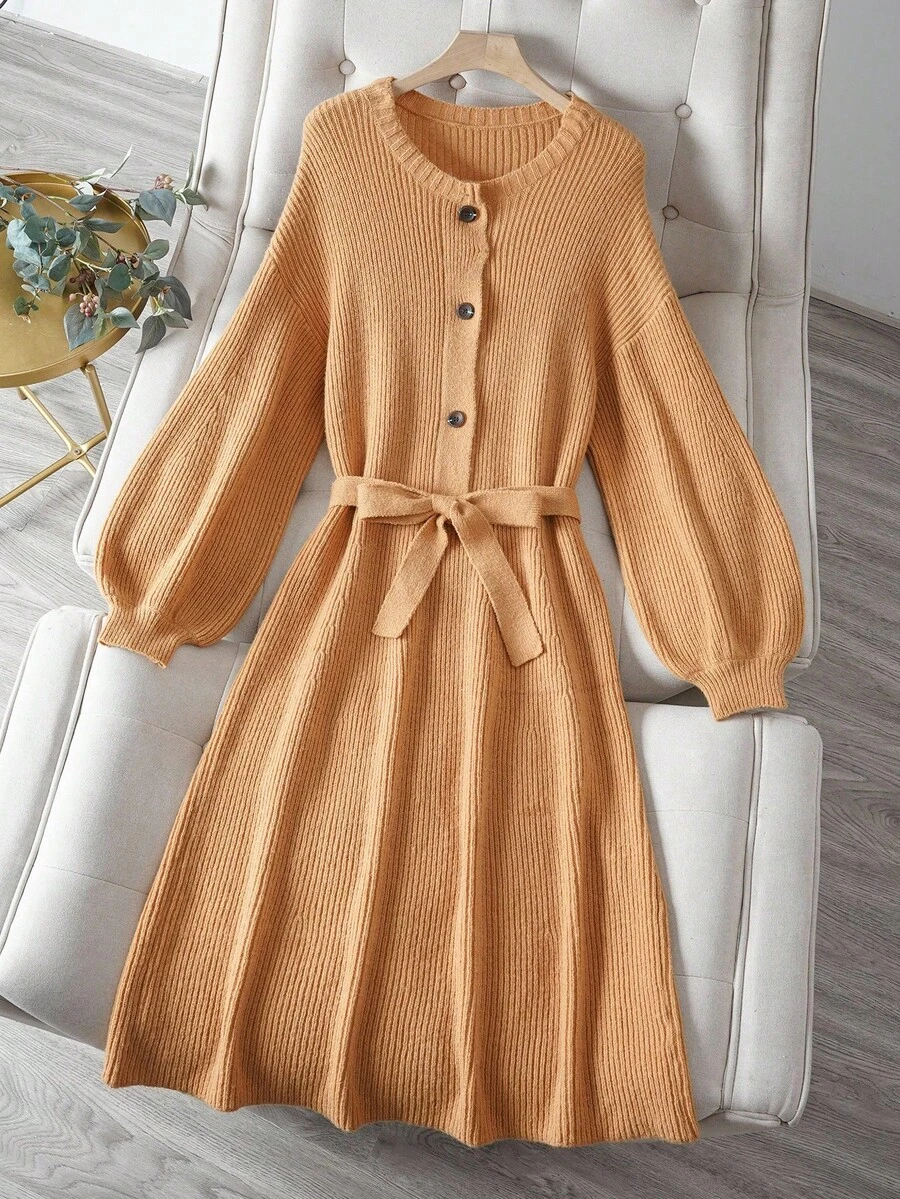 SHEIN Franclia 女式休闲罗纹针织纽扣灯笼袖中长连衣裙，秋冬 - 卡其色 - 查看 1