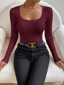 EMERY ROSE Elegant Minimalist Solid Color Fitted Long Sleeve Sweater - Redwood - View 6