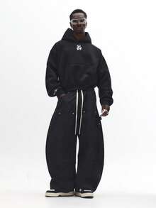 Áo Hoodie SUMWON dáng ngắn, rộng rãi, có dây rút, kiểu dáng cổ điển, tối giản, phong cách đường phố mùa đông, chất liệu lông cừu cao cấp, in logo, thời trang đô thị thường ngày, kiểu dáng đơn giản. - màu đen - Xem 3