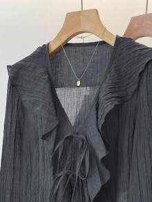 INAWLY French V-Neck Pleated Ruffle Tie Blouse