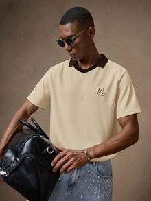 AKNOTIC X Nawaf Alabid 男士针织“老钱”刺绣修身弹力短袖Polo衫，适合休闲、通勤、春夏、度假、派对、婚礼、情侣装、男友礼物、沙滩装、父亲节礼物等场合。 - 棕色 - 查看 6