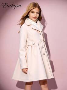 Sparklyn 青春期女孩秋冬韩版单排扣V领翻领长款外套，时尚修身喇叭设计羊毛大衣 - 杏色 - 查看 1