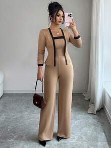 Elenzga 女士休闲通勤时尚舒适优雅撞色开衫、吊带背心和直筒裤三件套，春秋 - 彩色 - 查看 1