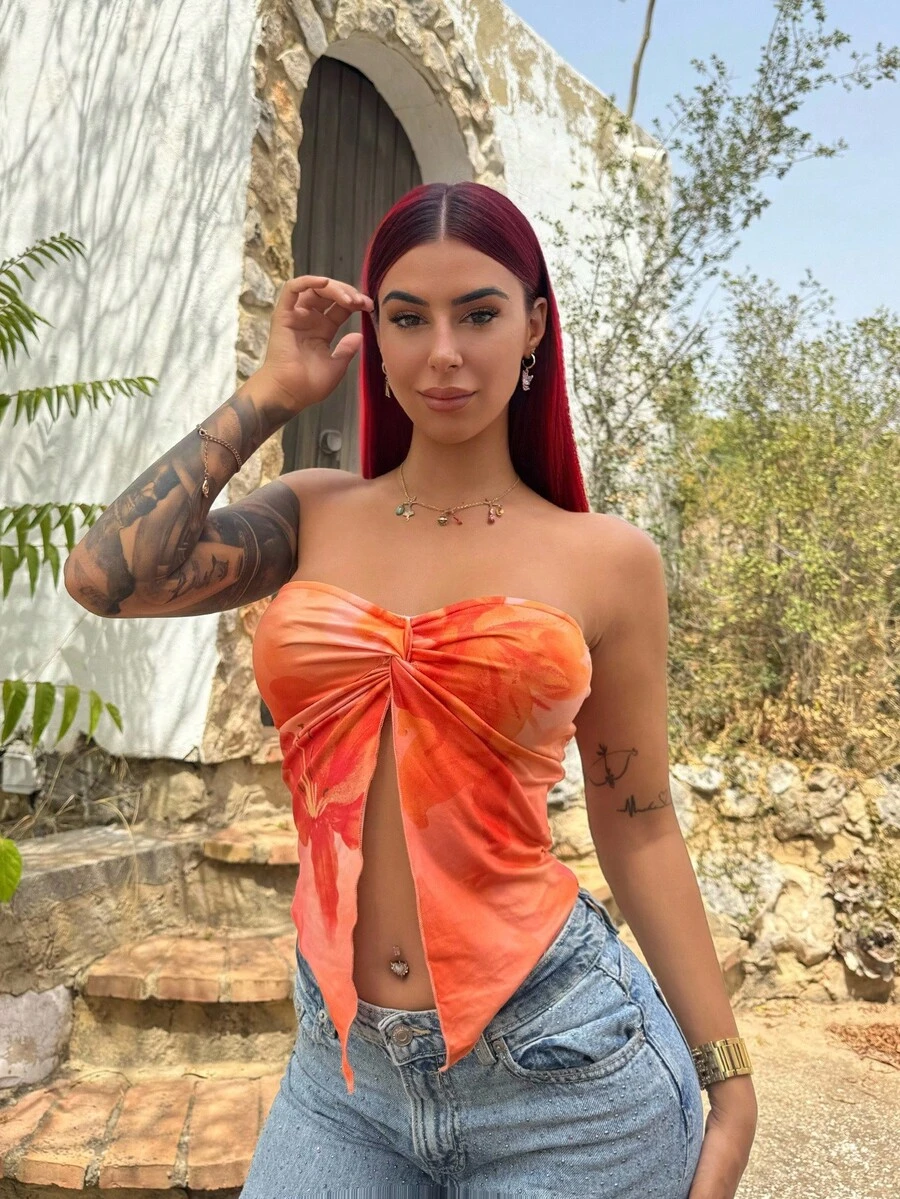 Bearsaez Áo cánh họa tiết hoa dâm bụt nhiệt đới, viền xoắn, viền bất đối xứng dành cho nữ, phong cách nghỉ dưỡng, phù hợp cho mùa xuân và mùa hè - trái cam - Xem 1