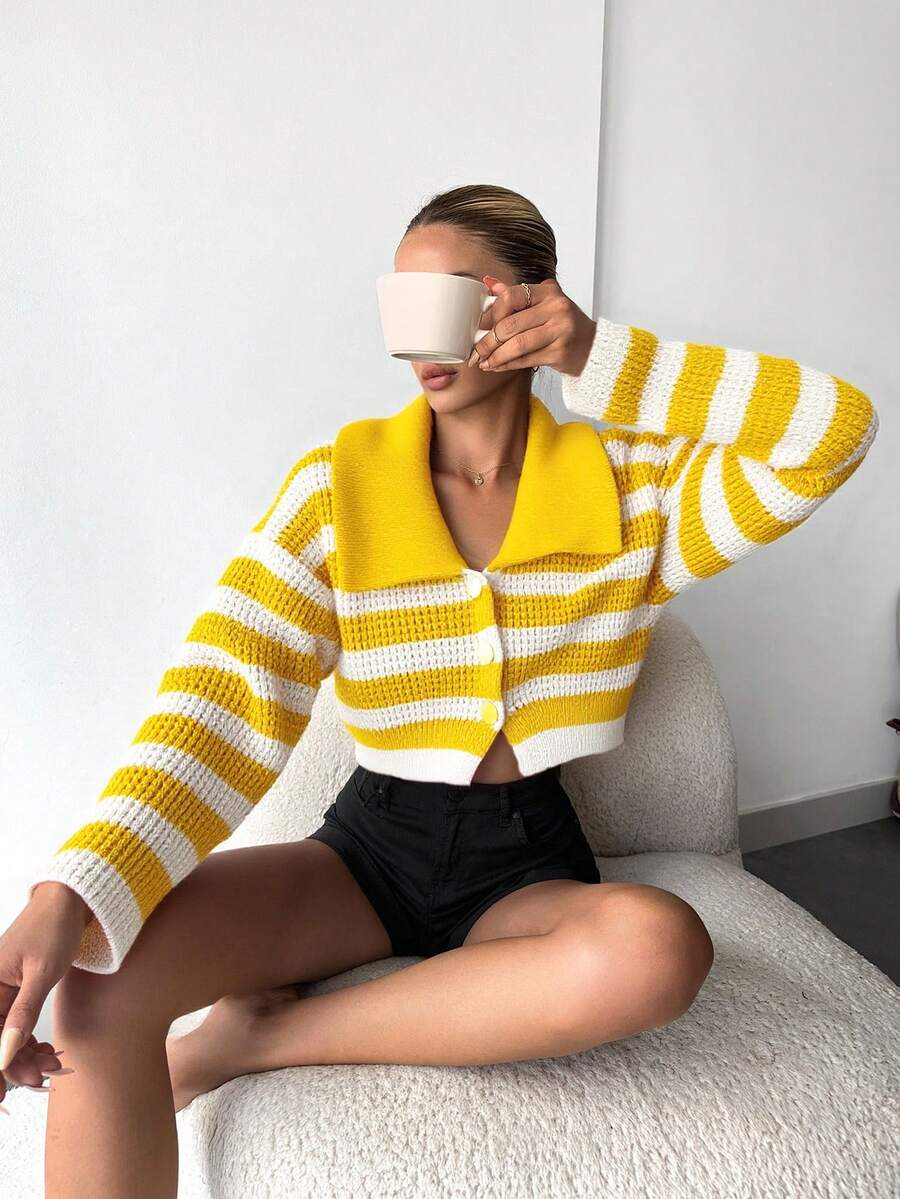 EURMUSE Quý cô In sọc Tay áo chuông Áo len Mở - Nhiều màu - Xem 1