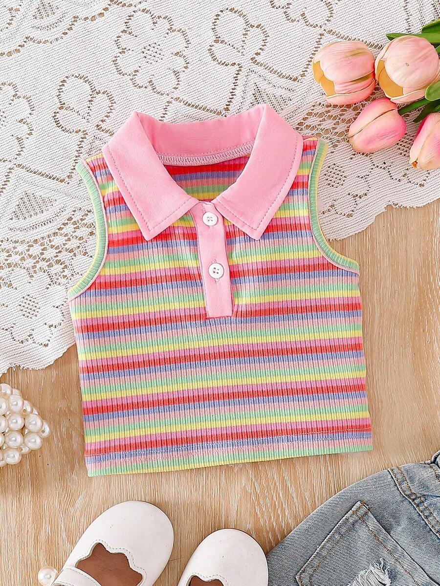 SHEIN Atasan Polo Tanpa Lengan Berkerah Garis-Garis Warna-warni Modis untuk Bayi Perempuan, Musim Semi/Panas - MultiWarna - View 1