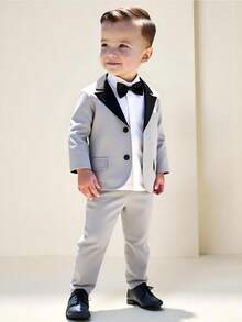 2 piezas Conjunto de traje formal para bebé niño, chaqueta con solapa a color y bolsillo falso, y pantalones de cintura elástica, adecuado para bebés de 6 meses a 3 años, atuendo formal para boda, actuación, fiesta, cumpleaños, Navidad, graduación