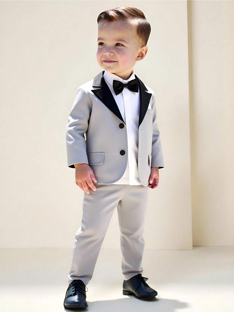 2 piezas Conjunto de traje formal para bebé niño, chaqueta con solapa a color y bolsillo falso, y pantalones de cintura elástica, adecuado para bebés de 6 meses a 3 años, atuendo formal para boda, actuación, fiesta, cumpleaños, Navidad, graduación