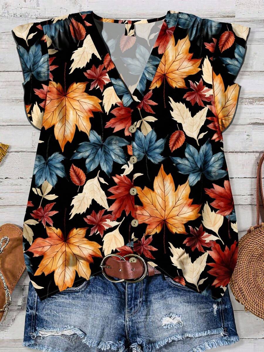 EMERY ROSE Floral Pattern Women's Casual Shirt, Suitable For Summer Leaf Print Top Fall Floral Shirt Autumn Leaf Blouse Fall Leaf Shirt Western Women Fall Tops - Multicolor - View 1