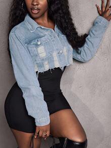 Slaydiva 女士休闲时尚做旧短款牛仔夹克，春秋季 - 淺色水洗藍 - 查看 2