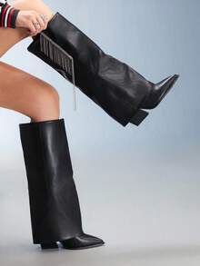CUCCOO GRLICON Sepatu Bot Tinggi Wanita Motif Patchwork Hitam, Sepatu Bot Gaya Barat dengan Hak Bertumpuk dan Ujung Lancip, Cocok untuk Halloween, Natal, Pesta, Musim Gugur - Hitam - View 2