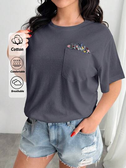 EURMUSE Plus 100%Cotton T-Shirt With Flower Embroidery, Round Collar, Pocket Details