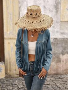 Brillora Women's Solid Color Fringe Trim Open Front Jacket - Blue - View 6