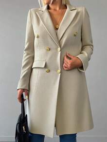 RueChic Lapel Neck Double Breasted Overcoat, Ladies Late Fall Elegant Double Button Regular Sleeve Lapel Regular Fit Apricot Plain Women Overcoats, Casual Daily Wear - Apricot - View 5