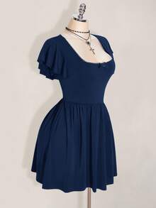 SHEIN ICON Plus Size Solid Color Minimalist Square Neck Ruffle Sleeve Dress - Navy Blue - View 5