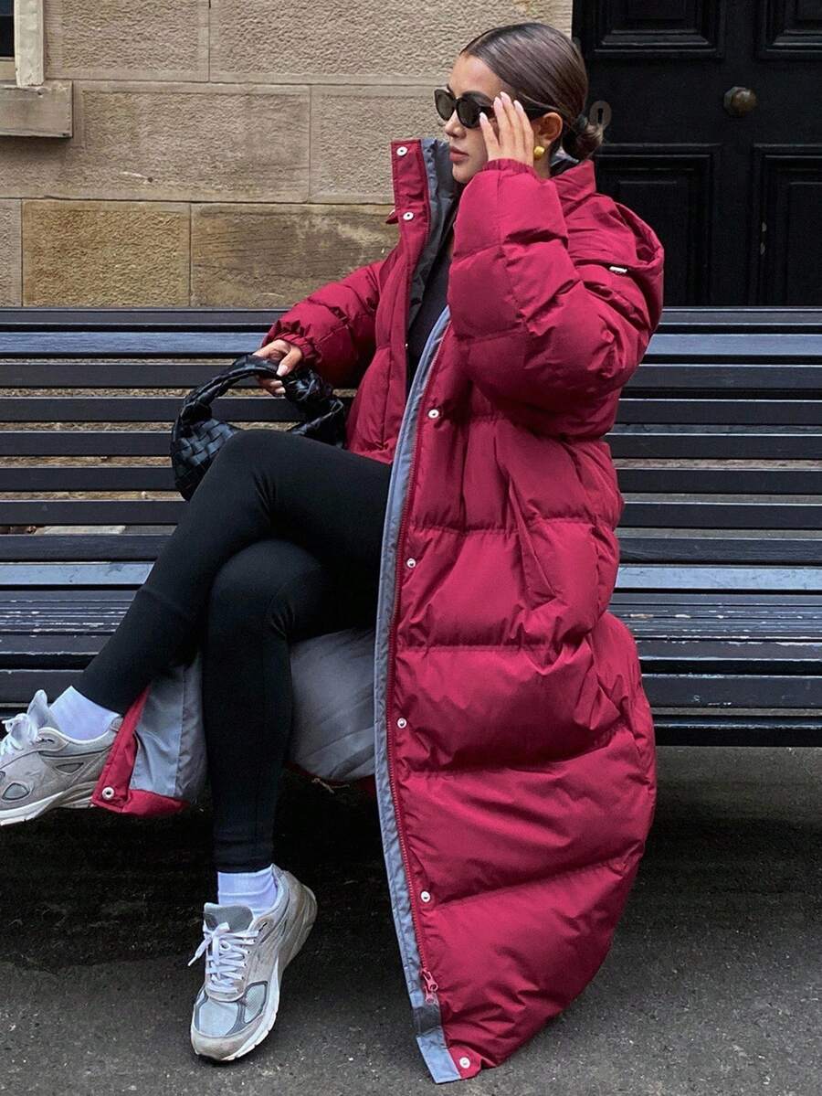 DAZY Hooded Contrast Lining Pocket Thick Long Red Christmas & New Year Padded Coat For Women, Autumn/Winter - Burgundy - View 1