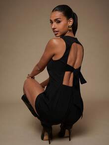 L'Amorae 女式无袖连体裤，背部蝴蝶结，办公室商务休闲装 - 黑色 - 查看 2