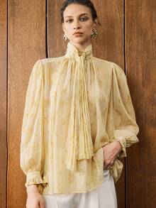 EMERY ROSE 女式法式荷叶边领迷你围脖领灯笼袖衬衫 - 杏色 - 查看 6