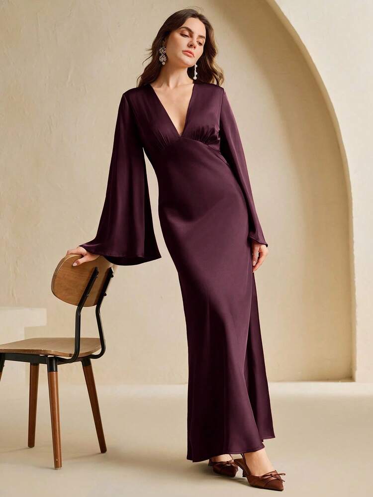 New V-Neck Ruched Waist Fitted Long Sleeve Dress, Festival, Wedding Party, Chic, Elegant, Red, Spring/Summer, Valentine