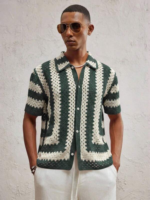 AKNOTIC Party Cárdigan de punto casual de cuello vuelto y manga corta ajustado para hombre, adecuado para uso diario