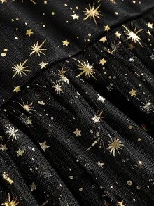 SHEIN Pitira 青少年女孩连衣裙 金色星星网眼覆盖连衣裙 - 黑色 - 查看 5