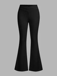 SHEIN EZwear 2 件套女士交叉腰带设计黑白紧身喇叭裤套装，适合秋冬季 - 黑與白 - 查看 3