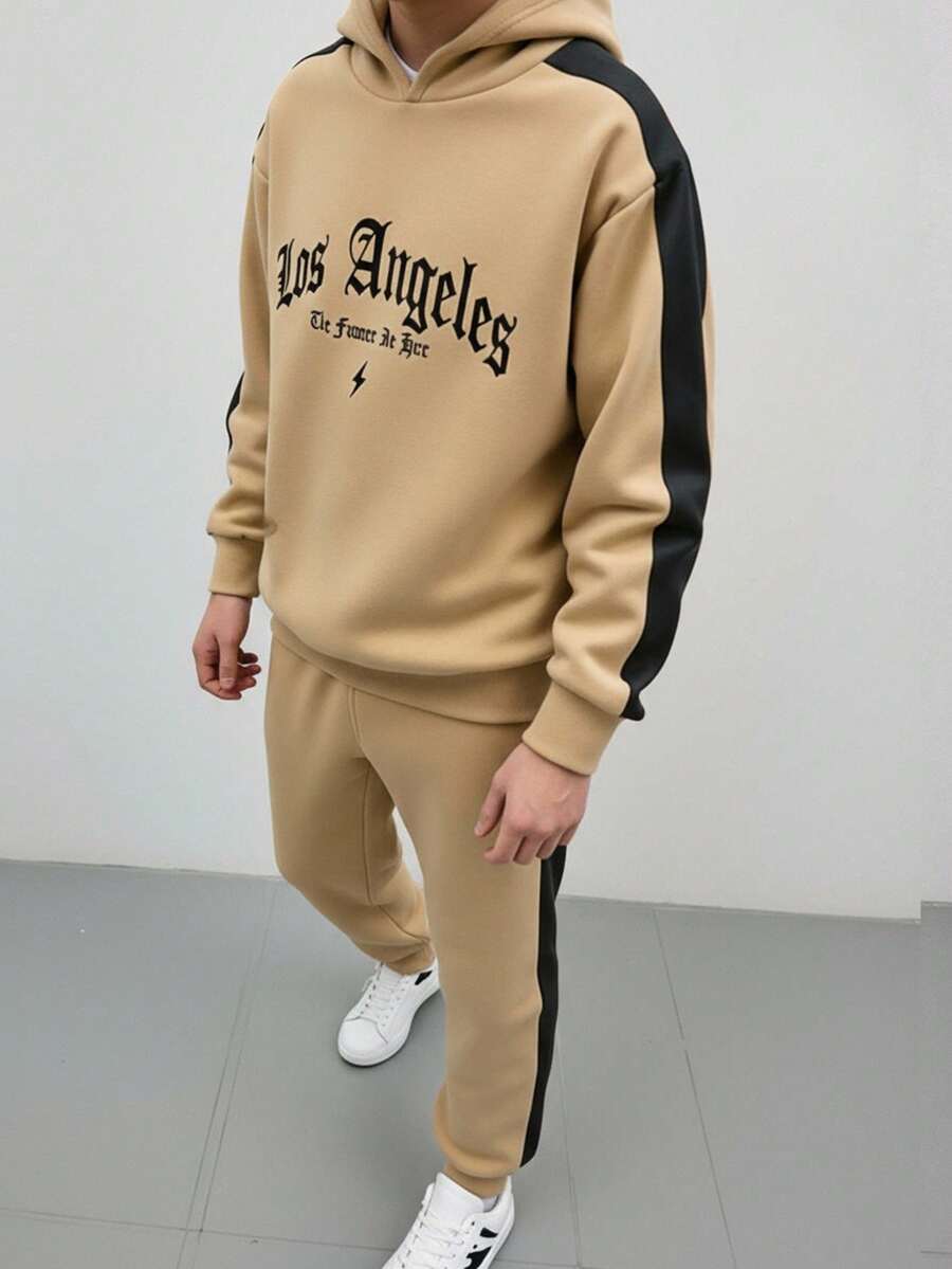 SHEIN Tween Boy Casual Korean Loose Fit Letter Graphic Print Hoodie And Elastic Waist Pants Set, Suitable For Autumn Spring Outdoor, School, Street Style, Party And Home Leisure, Boys Sweatsuits Set, Hoodie And Sweatpants Set, 2 Piece Teen Boys Hoddie And Sweatpants, Boys Autumn Winter Casual Two Piece Set Fall