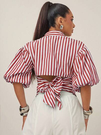 Vixey Burgundy Red Stripe Self Tie Back Collared Button Up Long Sleeve Top, Bow Shirt, Tie Up Shirt, Striped Blouse, Open Back Shirts