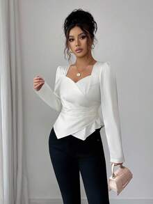 Elenzga 女士优雅高端正式办公室通勤休闲曲线商务休闲装度假下午茶户外街头风格家居舒适宾客礼服派对纯色缎面材质中式领口甜心领褶皱垂坠长袖衬衫，杏色 - 杏色 - 查看 6