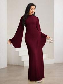 Veilorie Váy tay loe màu vàng mù tạt thanh lịch, cổ bẻ nhún bèo bất đối xứng - Màu Đỏ Sâu - Xem 1