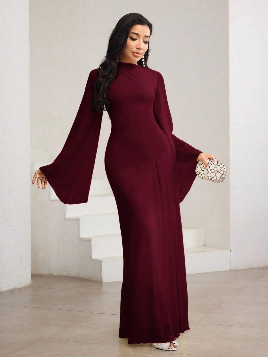 Veilorie Váy tay loe màu vàng mù tạt thanh lịch, cổ bẻ nhún bèo bất đối xứng - Màu Đỏ Sâu - Xem 1