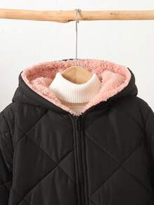 SHEIN 青少年女孩冬季拉链连帽长袖厚衬里绗缝中长款黑色夹克 - 黑色 - 查看 7