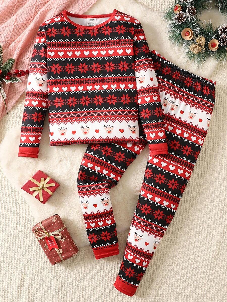 SHEIN Conjunto de pijama de 2 piezas con camiseta de manga larga de cuello redondo y pantalones para niña preadolescente, con estampado de dibujos animados, ajuste ceñido, suave y cómodo, a juego con mamá (se venden 3 conjuntos por separado) - Albaricoque - Ver 1