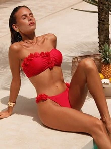 Swim Chiccia 2025 Women Summer Beach Solid Color 3D Floral Decor Ruched Bandeau Sexy Bikini Swimsuit Set - Red - View 5