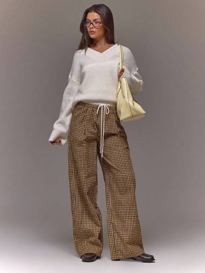 MUSERA Checkered Contrast Drawstring Waist Wide Leg Loose Fit Trousers Summer Streetwear Y2k Cool Girl City Muse Vacation Work Office Fall Autumn  Elegant Thanksgiving Holiday Casual
