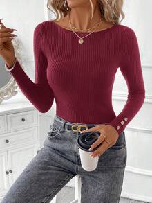 SHEIN Clasi Women's Black Crew Neck Long Sleeve Knit Sweater With Metal Button Cuffs Autumn Winter Clothes For Women,Fall,Fall Clothes For Women