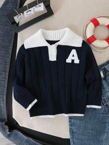 SHEIN Genkimix Kids 小男孩厚字母贴花半拉链针织毛衣，长袖，秋冬 - 藏蓝色 - 查看 3