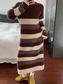DAZY Women's Casual Loose Colorblock Striped Sweater Dress, Autumn