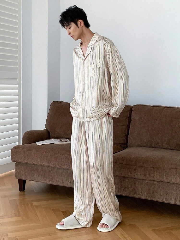 Multi-Color Striped Shirt Paired With Pants Men's Loungewear Set, Autumn Pajama Fall Winter Clothes