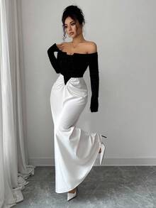 Rafferiza Women's Elegant White And Black Off-Shoulder Contrast Pleated Splicing Glittering Knitted Long Dress,Formal Autumn Luxury Evening Wedding Guest Gown - Black and White - View 3