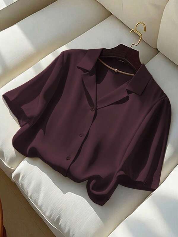 Franclia قميص نسائي كاجوال بياقة منقلبة وأكمام قصيرة، لون أحادي، صيفي