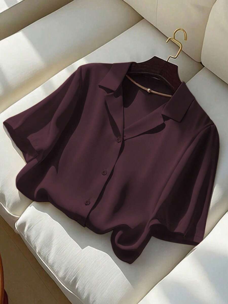 Franclia 女式休闲纯色翻领短袖衬衫，夏季 - 紫紅色 - 查看 1