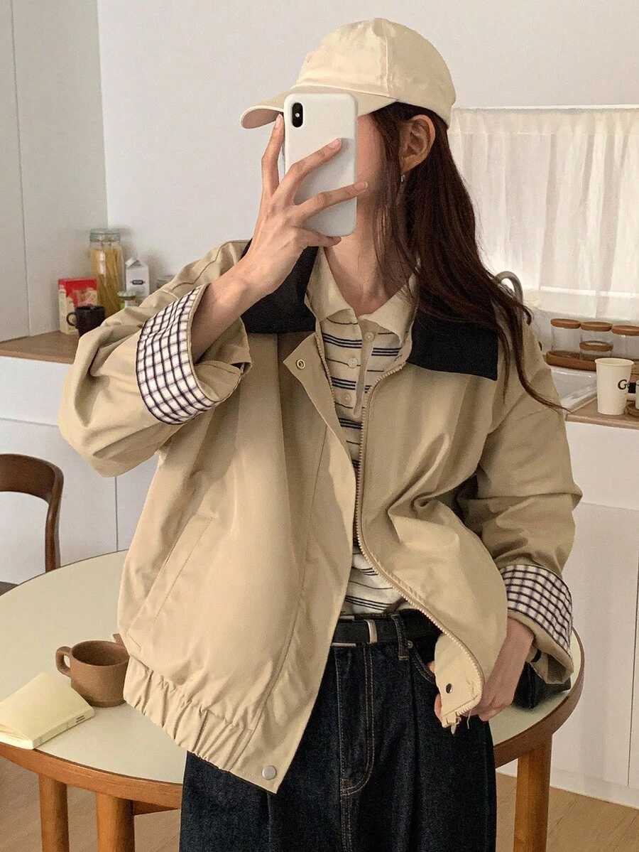 DAZY Women's Contrast Color Collar Patchwork Plaid Cuff Decor Loose Turndown Collar Street Casual Jacket