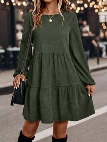 EMERY ROSE Women's Solid Color Round Neck Lantern Sleeve Ruffle Hem Casual Short Dress - Army Green - View 6