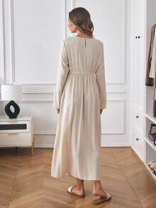 Louniche 女士优雅简约高端休闲度假通勤舒适纯色亚麻圆领前褶金属装饰松紧腰长袖长裙，春秋冬 - 杏色 - 查看 2